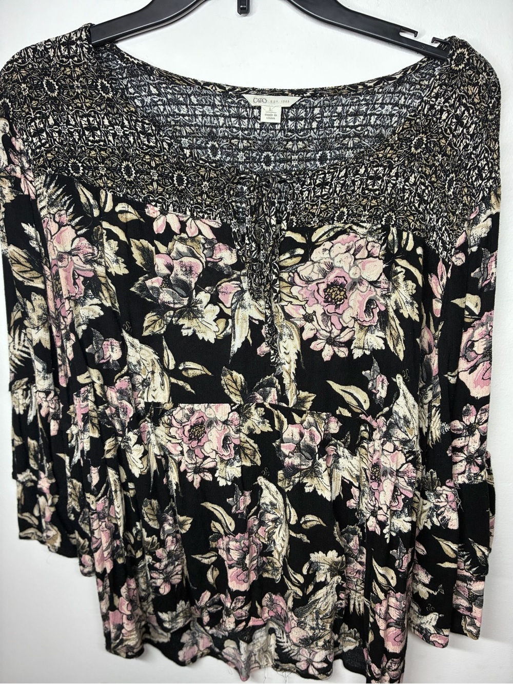 Cato Black Floral Smocked Tunic with Pink & Cream Blooms